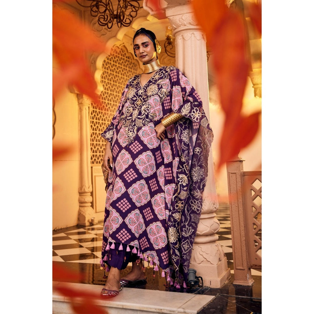 Sshilpa Samriya Purple Embroidered V Neck Kaftan with Pant (Set of 2)