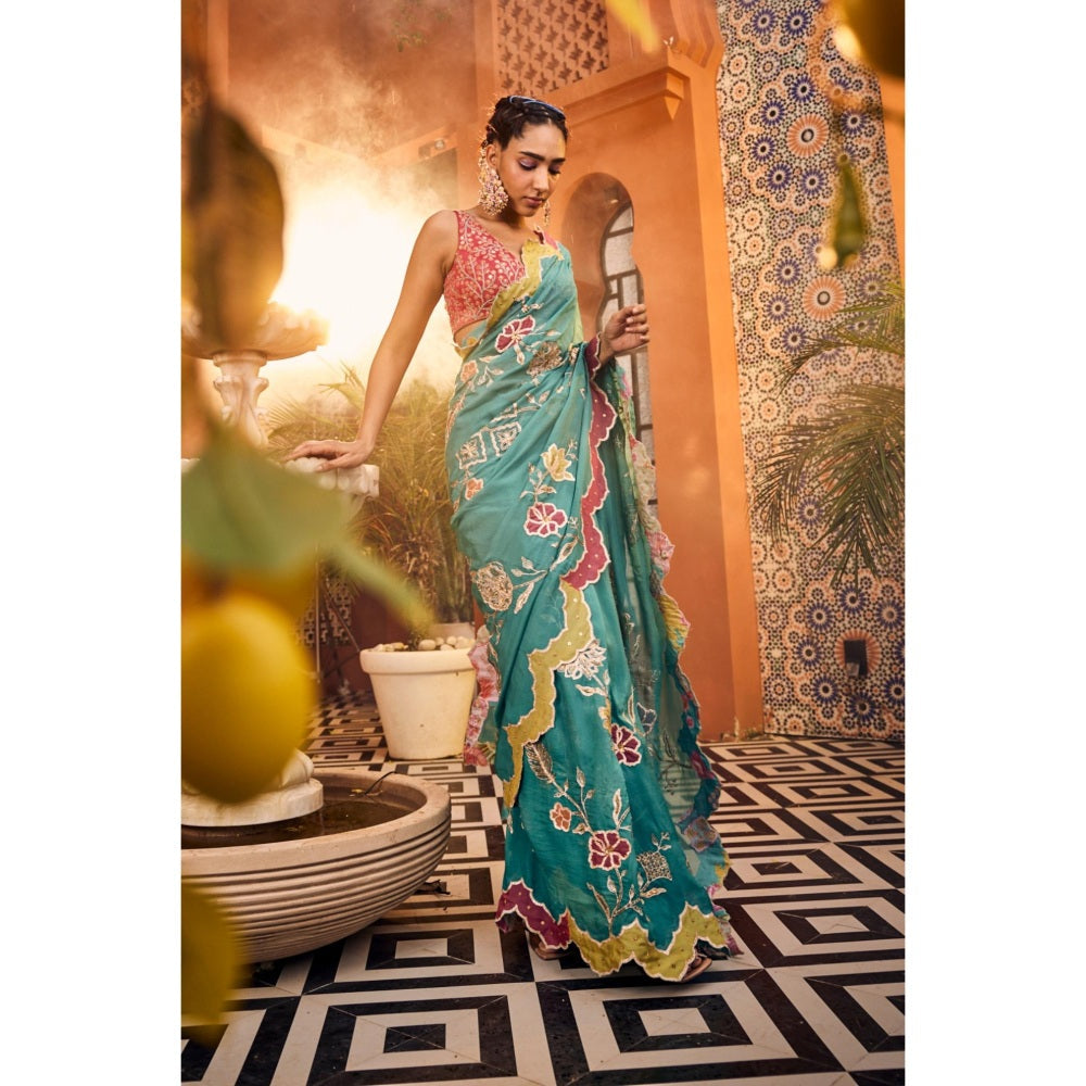 Sshilpa Samriya Turquoise Embroidered Saree with Stitched Blouse and Petticoat