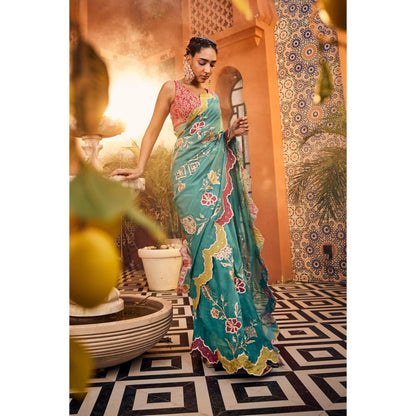 Sshilpa Samriya Turquoise Embroidered Saree with Stitched Blouse and Petticoat