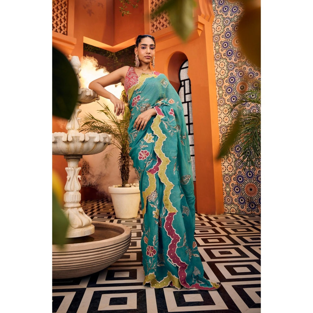 Sshilpa Samriya Turquoise Embroidered Saree with Stitched Blouse and Petticoat
