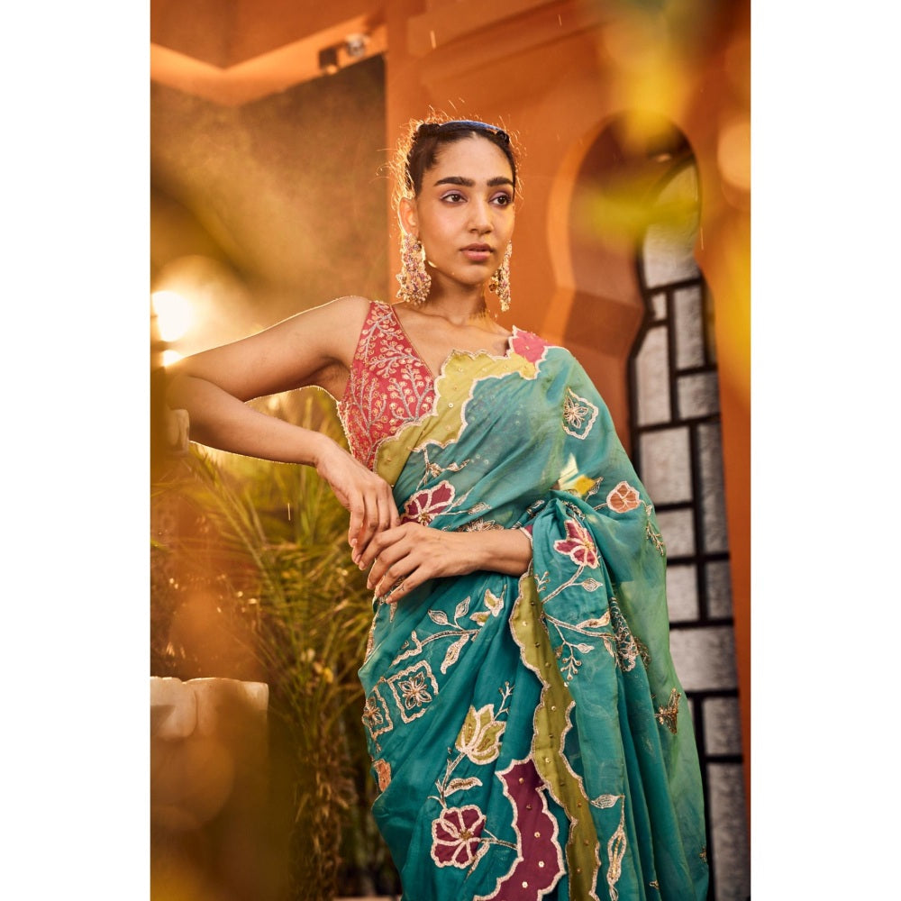 Sshilpa Samriya Turquoise Embroidered Saree with Stitched Blouse and Petticoat