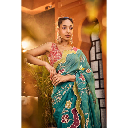 Sshilpa Samriya Turquoise Embroidered Saree with Stitched Blouse and Petticoat