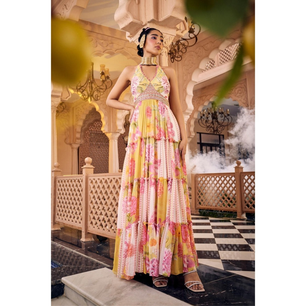 Sshilpa Samriya Multicolor Layered Embroidered Halter Neck Maxi Dress