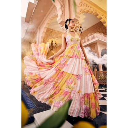 Sshilpa Samriya Multicolor Layered Embroidered Halter Neck Maxi Dress