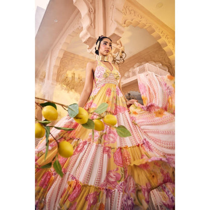 Sshilpa Samriya Multicolor Layered Embroidered Halter Neck Maxi Dress