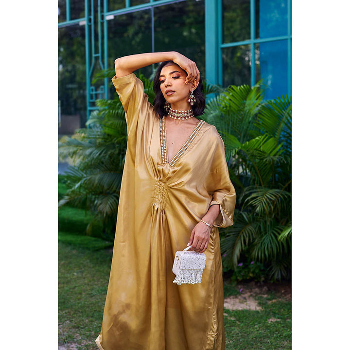 STTAVOSS Sitara Gold Solid/Plain Flared Sleeves Plunging Neck Kaftan Maxi Dress