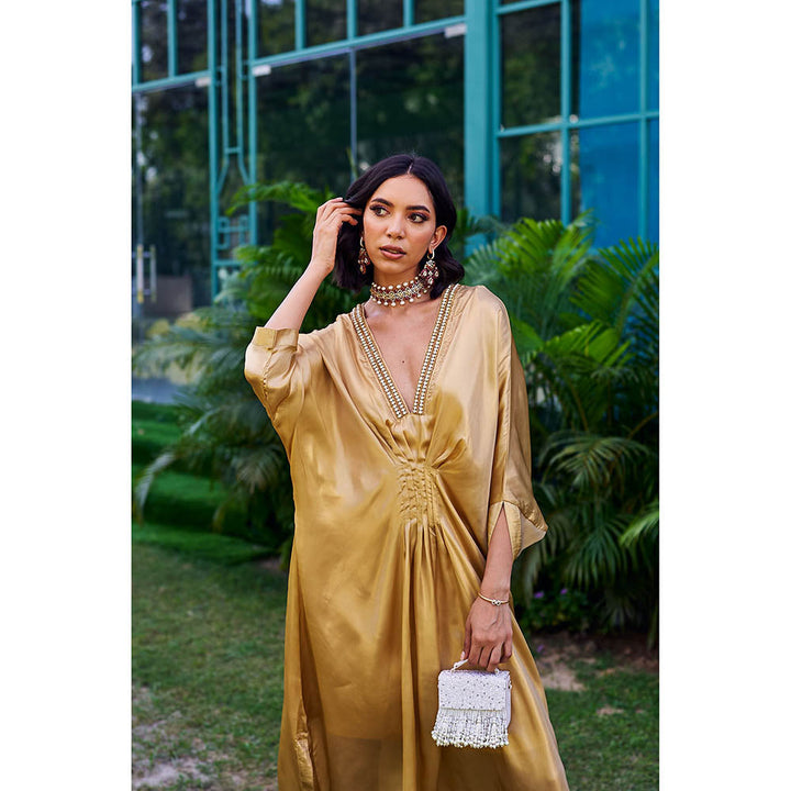 STTAVOSS Sitara Gold Solid/Plain Flared Sleeves Plunging Neck Kaftan Maxi Dress
