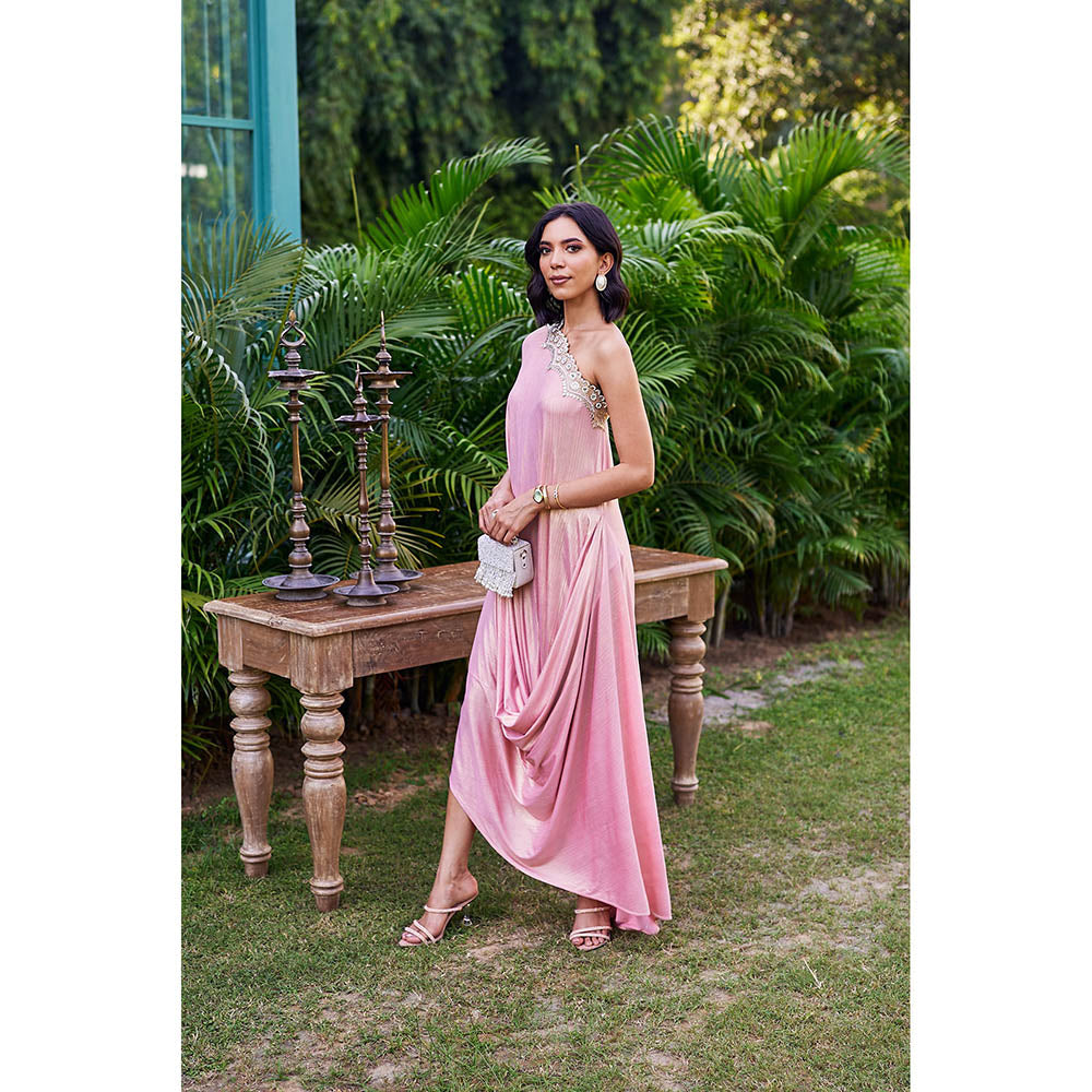 STTAVOSS Zeyna Pink Embroidered Flared Sleeves One Shoulder Kaftan Maxi Dress