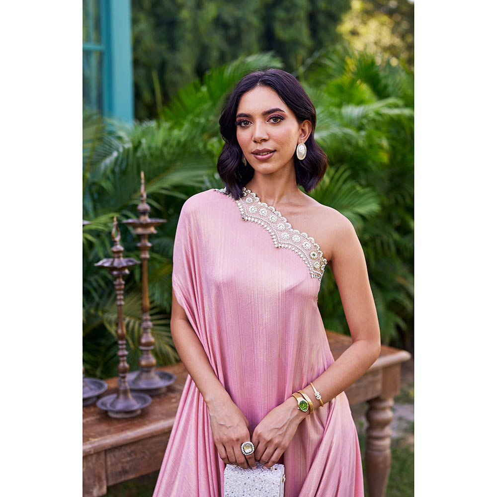 STTAVOSS Zeyna Pink Embroidered Flared Sleeves One Shoulder Kaftan Maxi Dress