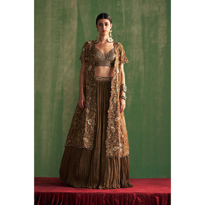 STUDIO BAGECHAA Devika Brown Embellished Lehenga with Blouse and Jacket (Set of 3)