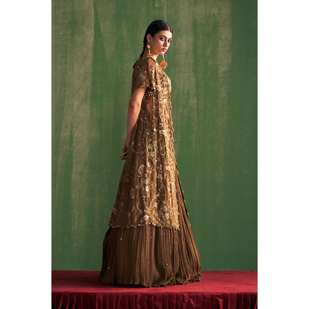 STUDIO BAGECHAA Devika Brown Embellished Lehenga with Blouse and Jacket (Set of 3)