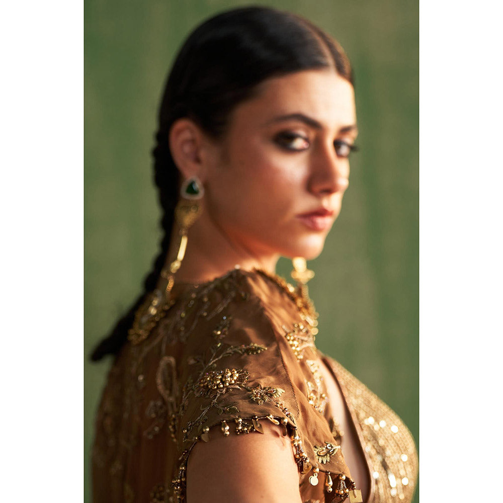 STUDIO BAGECHAA Devika Brown Embellished Lehenga with Blouse and Jacket (Set of 3)