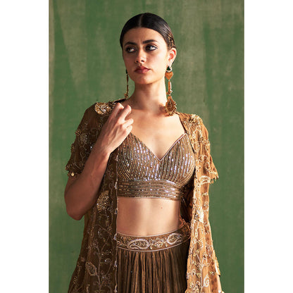 STUDIO BAGECHAA Devika Brown Embellished Lehenga with Blouse and Jacket (Set of 3)