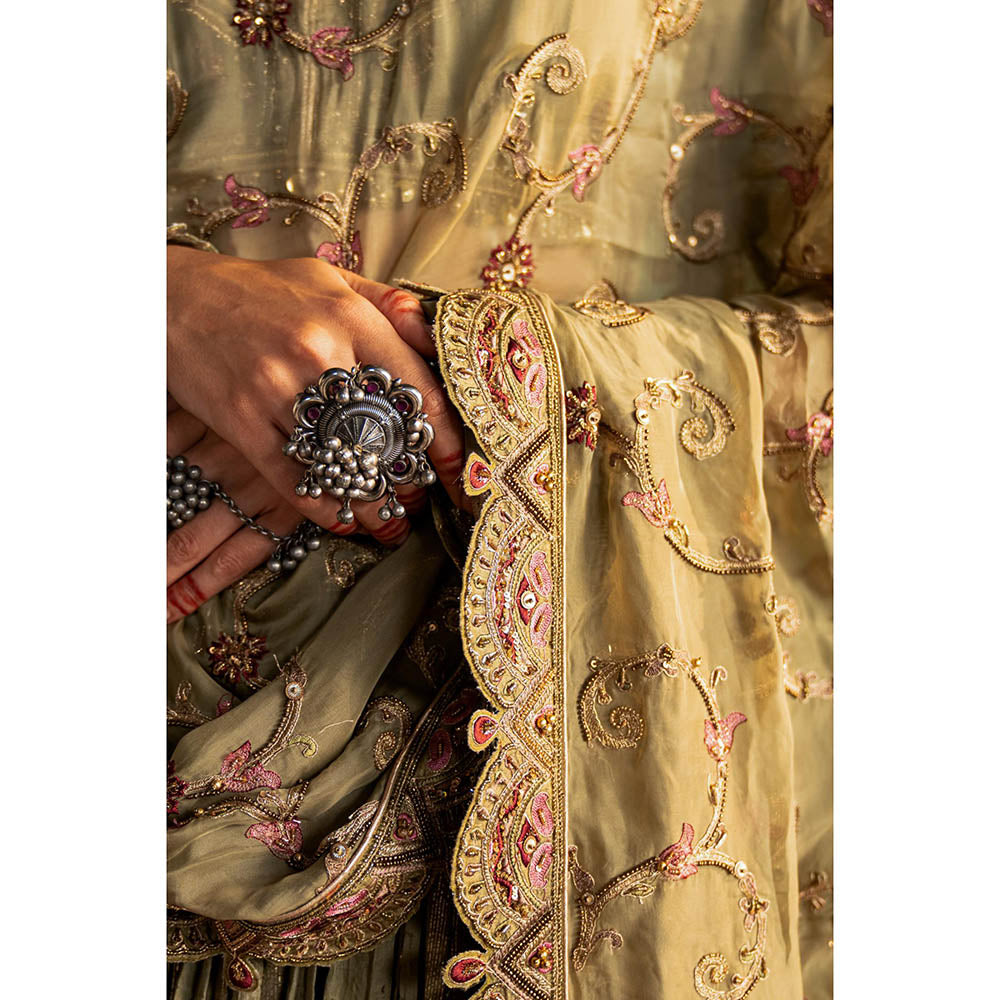 STUDIO BAGECHAA Ishira Green Embellished Lehenga with Blouse and Dupatta (Set of 3)