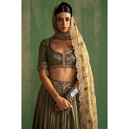 STUDIO BAGECHAA Ishira Green Embellished Lehenga with Blouse and Dupatta (Set of 3)