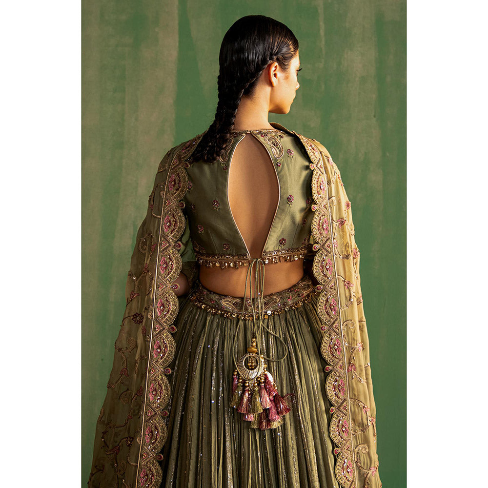 STUDIO BAGECHAA Ishira Green Embellished Lehenga with Blouse and Dupatta (Set of 3)