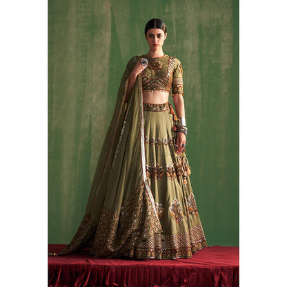STUDIO BAGECHAA Vatika Green Embellished Lehenga with Blouse and Dupatta (Set of 3)