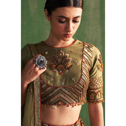 STUDIO BAGECHAA Vatika Green Embellished Lehenga with Blouse and Dupatta (Set of 3)