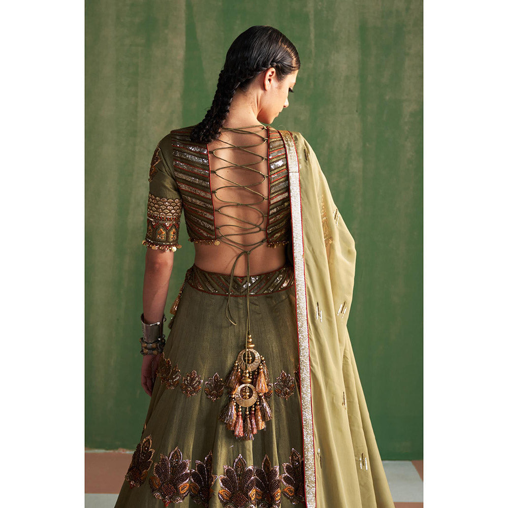 STUDIO BAGECHAA Vatika Green Embellished Lehenga with Blouse and Dupatta (Set of 3)