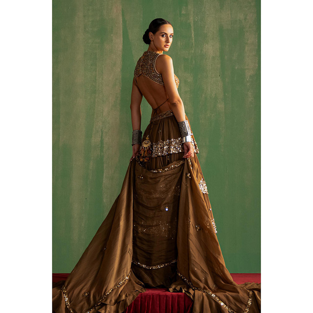 STUDIO BAGECHAA Bhumika Brown Embellished Lehenga with Blouse and Dupatta (Set of 3)
