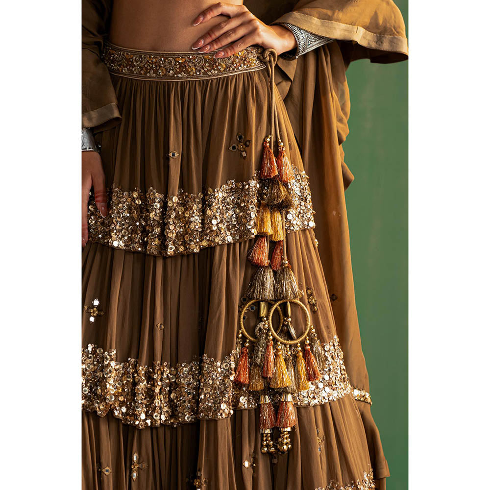 STUDIO BAGECHAA Bhumika Brown Embellished Lehenga with Blouse and Dupatta (Set of 3)