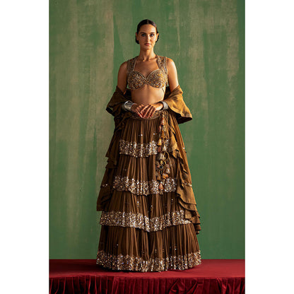 STUDIO BAGECHAA Bhumika Brown Embellished Lehenga with Blouse and Dupatta (Set of 3)