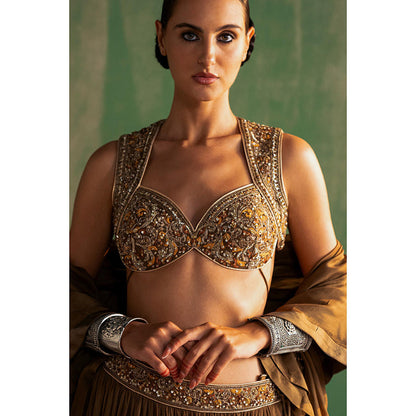 STUDIO BAGECHAA Bhumika Brown Embellished Lehenga with Blouse and Dupatta (Set of 3)