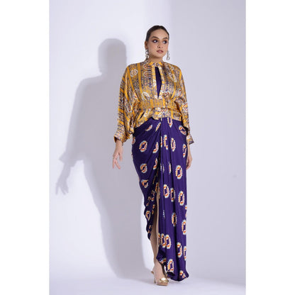 Studio Surbhi Printed Drape Maxi Dress with Kimono Shirt and Belt (Set of 3)