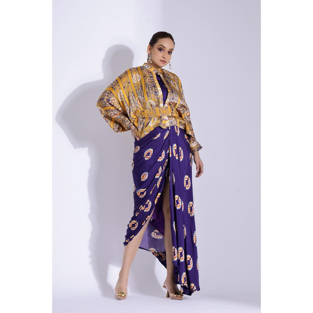 Studio Surbhi Printed Drape Maxi Dress with Kimono Shirt and Belt (Set of 3)