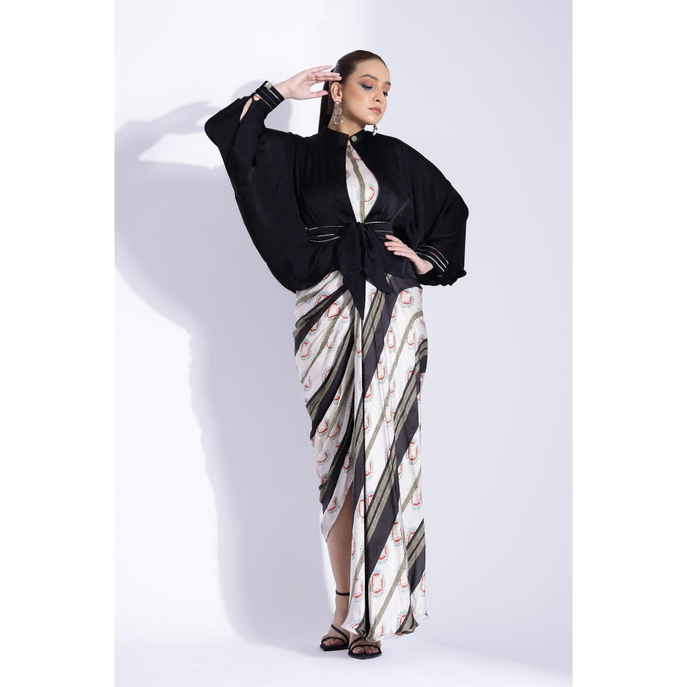 Studio Surbhi Navy Blue Printed Maxi Dress with Kimono Shirt and Belt (Set of 3)