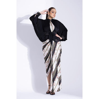 Studio Surbhi Navy Blue Printed Maxi Dress with Kimono Shirt and Belt (Set of 3)