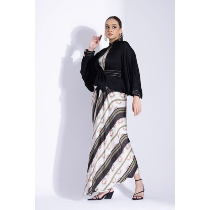 Studio Surbhi Navy Blue Printed Maxi Dress with Kimono Shirt and Belt (Set of 3)