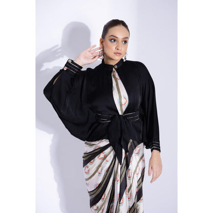 Studio Surbhi Navy Blue Printed Maxi Dress with Kimono Shirt and Belt (Set of 3)