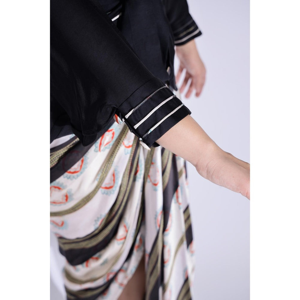 Studio Surbhi Navy Blue Printed Maxi Dress with Kimono Shirt and Belt (Set of 3)