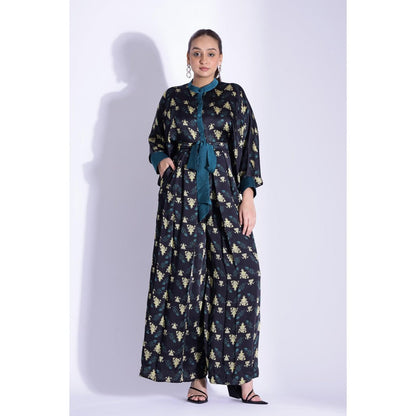 Studio Surbhi Black Printed Kimono Jumpsuit with Belt (Set of 2)