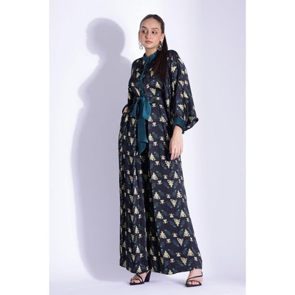 Studio Surbhi Black Printed Kimono Jumpsuit with Belt (Set of 2)