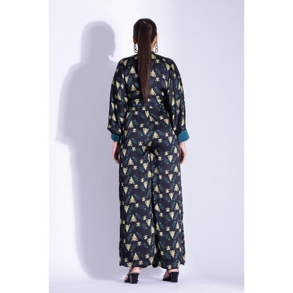 Studio Surbhi Black Printed Kimono Jumpsuit with Belt (Set of 2)