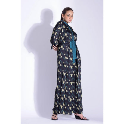 Studio Surbhi Black Printed Kimono Jumpsuit with Belt (Set of 2)