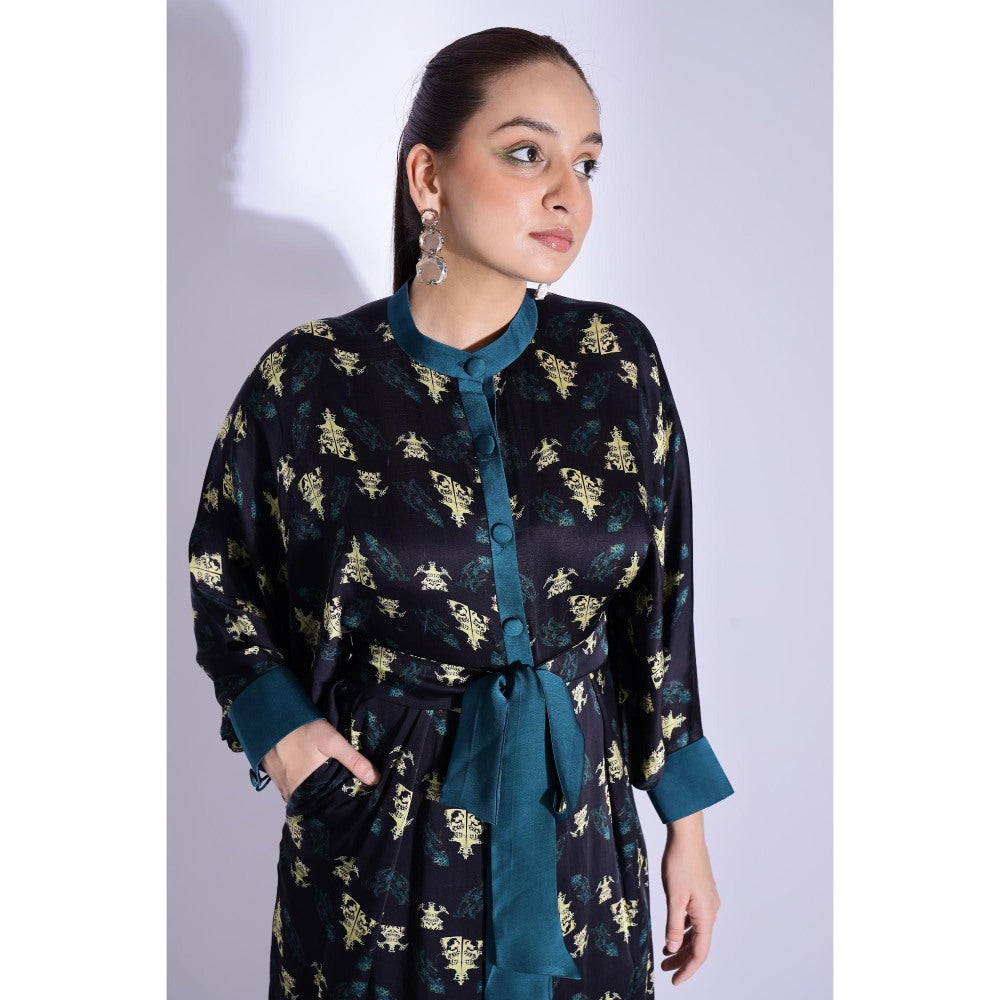 Studio Surbhi Black Printed Kimono Jumpsuit with Belt (Set of 2)
