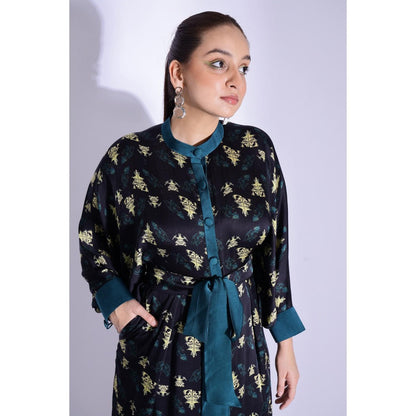 Studio Surbhi Black Printed Kimono Jumpsuit with Belt (Set of 2)