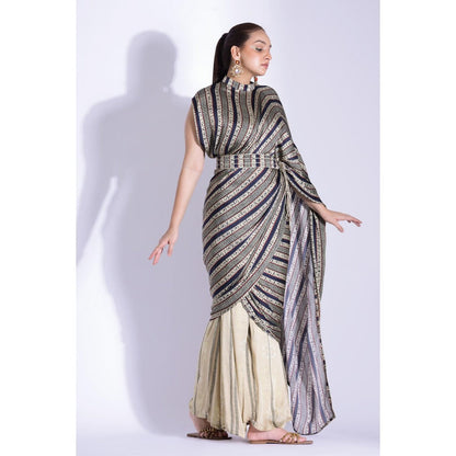 Studio Surbhi Printed Mandarin Neck Top with Palazzo and Belt (Set of 3)