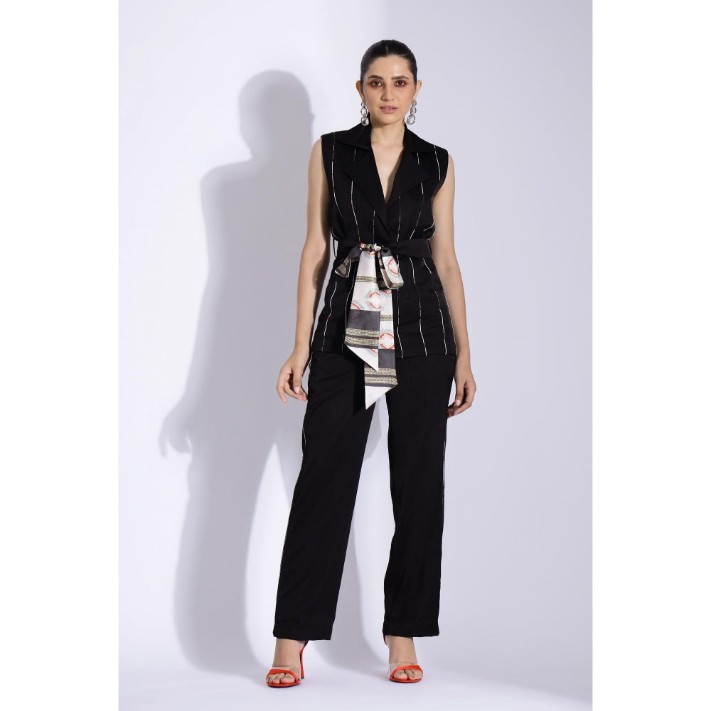 Studio Surbhi Black Stripes Printed Sleeveless Co-Ord (Set of 3)