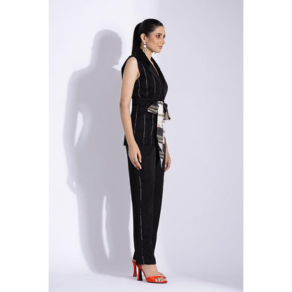 Studio Surbhi Black Stripes Printed Sleeveless Co-Ord (Set of 3)