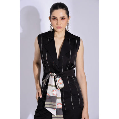 Studio Surbhi Black Stripes Printed Sleeveless Co-Ord (Set of 3)
