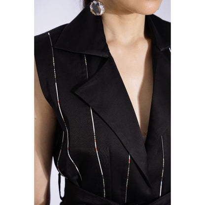 Studio Surbhi Black Stripes Printed Sleeveless Co-Ord (Set of 3)