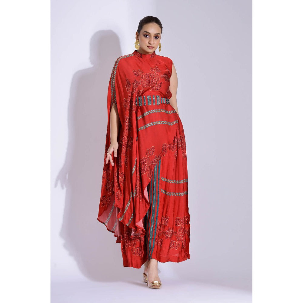 Studio Surbhi Red Georgette Satin Embellished Kurta with Pant and Belt (Set of 3)
