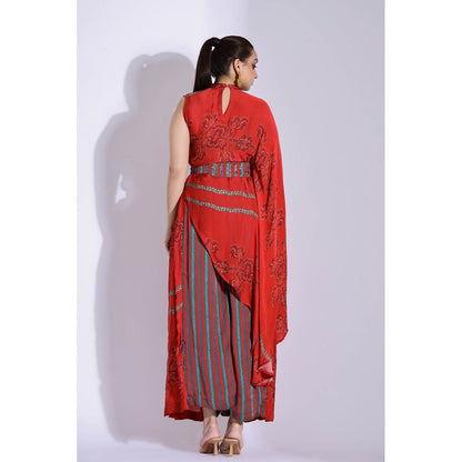 Studio Surbhi Red Georgette Satin Embellished Kurta with Pant and Belt (Set of 3)