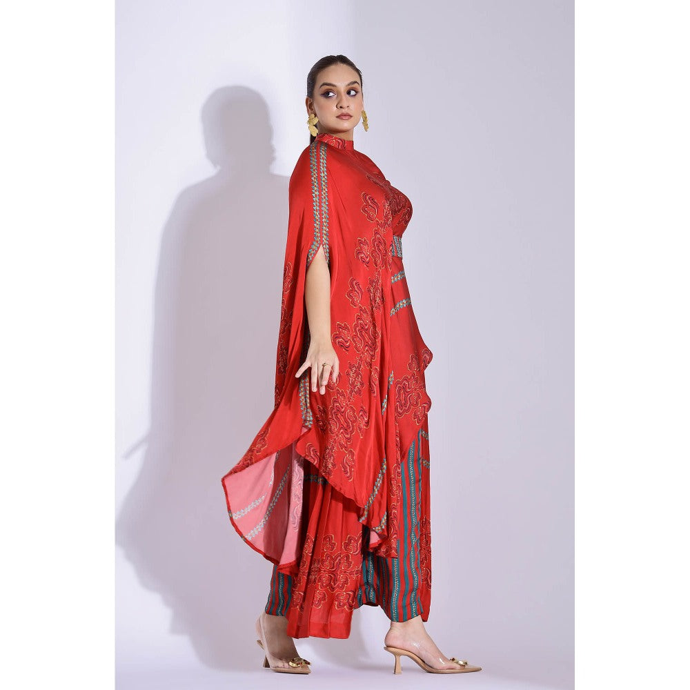Studio Surbhi Red Georgette Satin Embellished Kurta with Pant and Belt (Set of 3)