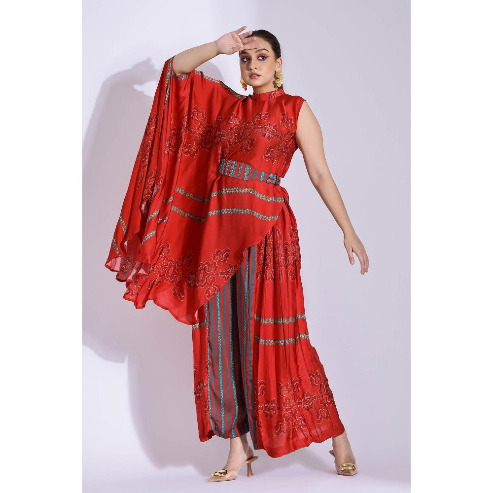 Studio Surbhi Red Georgette Satin Embellished Kurta with Pant and Belt (Set of 3)