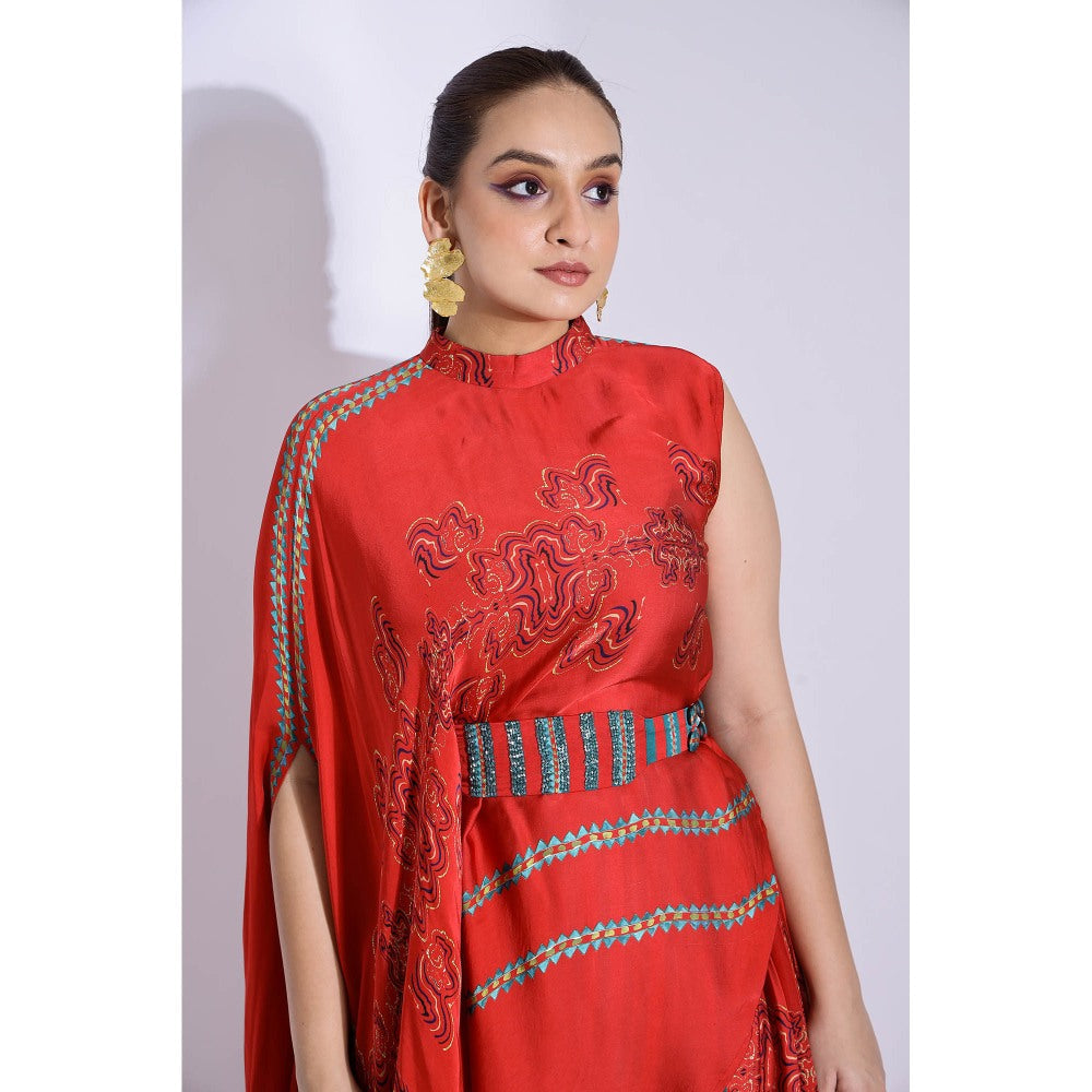 Studio Surbhi Red Georgette Satin Embellished Kurta with Pant and Belt (Set of 3)